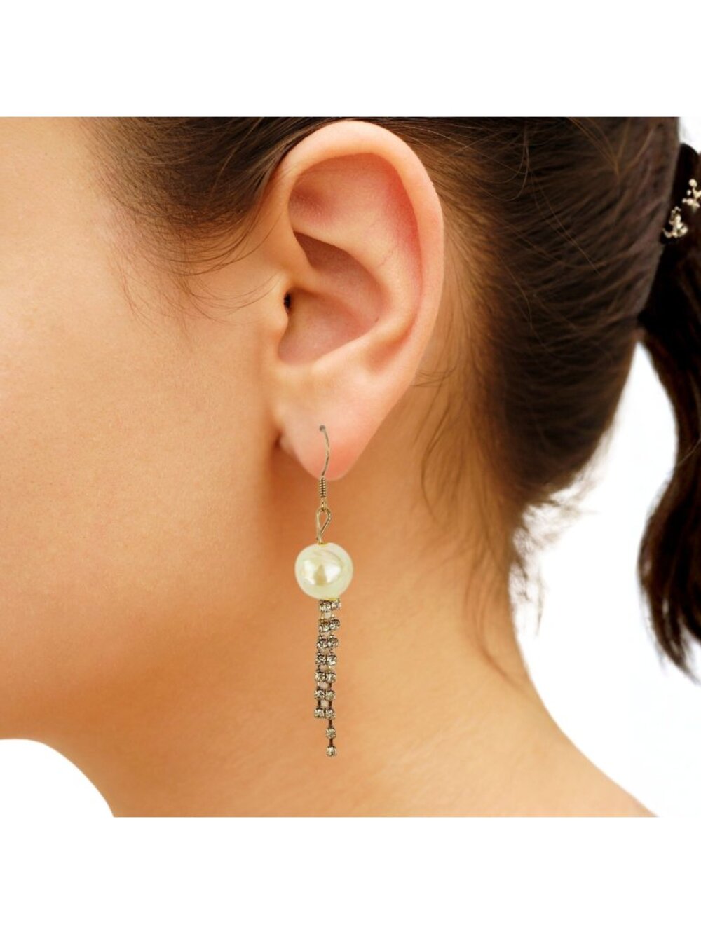 Pearl Drop Earrings Rhinestone Dangle 2.75 Inch Gold Bridal Glam